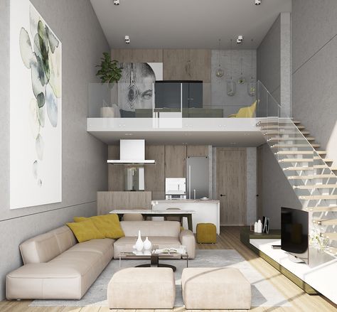 Loft Apartment Living Area on Behance Apartment Living Area, Loft Apartment Interior, Small Loft Apartments, Tiny Loft, Loft House Design, Tiny House Interior Design, Loft Interior Design, Small House Interior, Small Apartment Interior