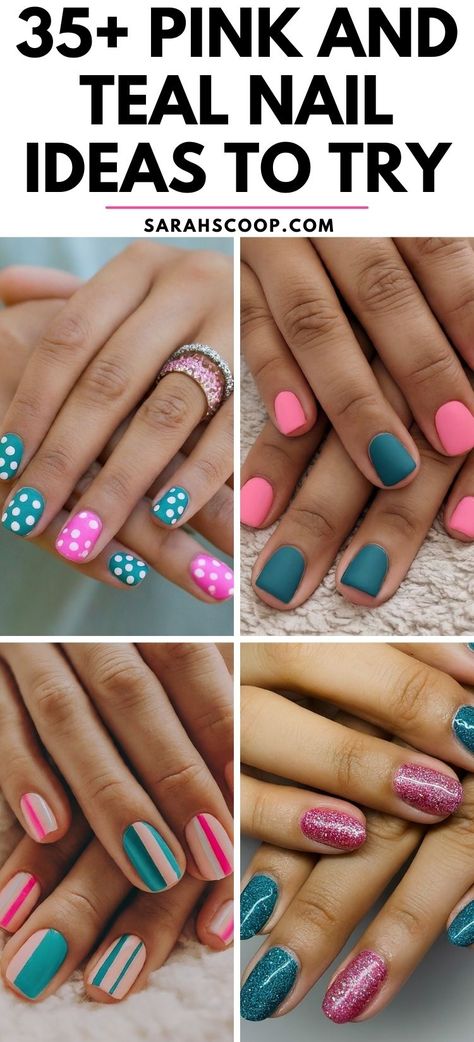 Get inspired by these creative and stylish pink and teal nail designs, perfect for those who love to experiment with bold colors and nail art techniques.💗💙 #NailDesigns #NailArt #Nails Teal Fall Nail Designs, Teal Pink Nails, Turquoise Nails With Design, Hot Pink And Teal Nails, Teal Gel Nail Designs, Pink And Teal Nails Design, Teal Nails With Design, Turquoise And Pink Nails, Coral And Teal Nails