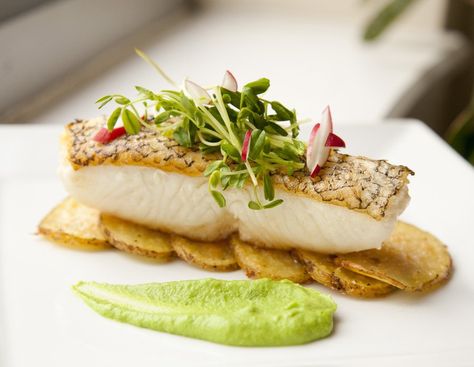 sea bass pea puree Sea Bass Dishes, Seabass Plating, Fish Main Course Fine Dining, Basil Puree, Fish Plating, White Fish Recipes Baked, Apartment Meals, Gourmet Entrees, Pea Puree