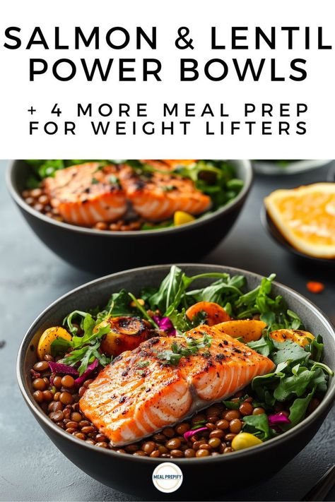 Salmon and lentil power bowls, packed with protein for a healthy meal prep for weight lifters. Meal Prep Salmon, Easy Lunch Meal Prep, High Protein Meal Prep Recipes, Protein Meal Prep Recipes, Spicy Korean Beef, Weight Lifters, Salmon Meal Prep, Easy Meal Prep Lunches, Protein Meal Prep