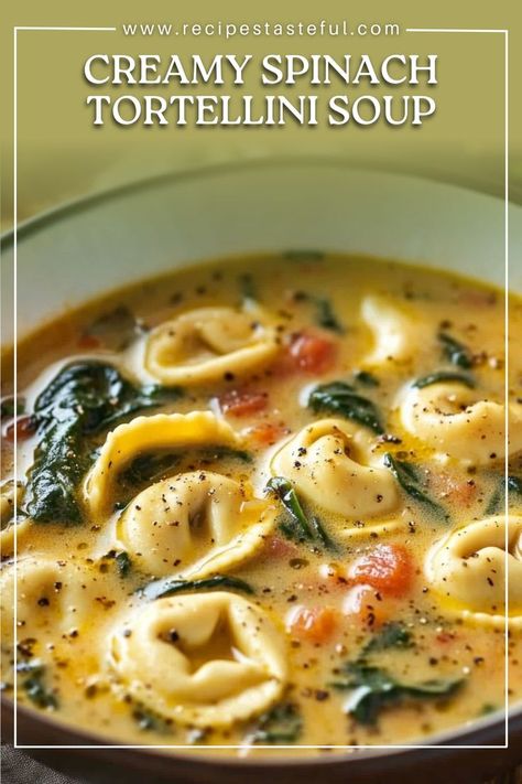 This creamy spinach tortellini soup is a comforting, flavorful dish that combines tender cheese tortellini, fresh spinach, and a rich, creamy broth. It's the perfect cozy meal for any season, loaded with vibrant flavors from garlic, onion, and Parmesan cheese. Tortellini Recipes Creamy, Creamy Spinach Tortellini, Soup With Cheese Tortellini, Easy Tortellini Recipes, Cheese Tortellini Soup, Spinach Soup Recipe, Creamy Tortellini Soup, Spinach Tortellini Soup, Spinach Tortellini