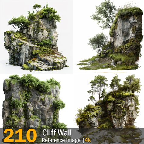 Cliff Wall | Reference Images | 4k,  on ArtStation at https://www.artstation.com/artwork/x3AWKR Cliff Concept Art, Tropical Bushes, Isometric Tree, Cliff Drawing, Forest Cliff, Wall Reference, Mossy Cave, Forest And Beach, Stone Waterfall