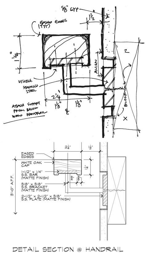 Detail Section at Handrail- Bob Borson on drawing like an architect Architect Life, Life Of An Architect, Handrail Design, Staircase Handrail, Architecture Concept Diagram, Stair Handrail, Staircase Railings, Construction Drawings, Architectural Drawing