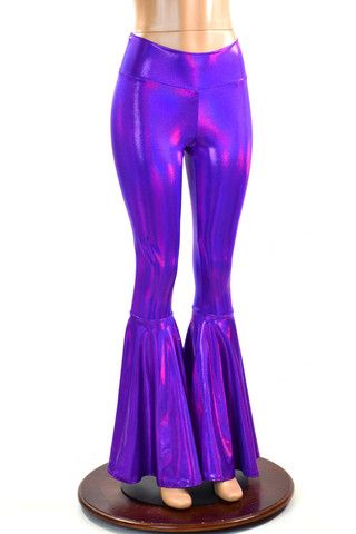 Purple High Waist Bell Bottoms Flares Leggings, Purple Holographic, Disco Costume, Mardi Gra, Flare Legging, Mermaid Costume, Room Redo, Design Clothes, Comfy Pants