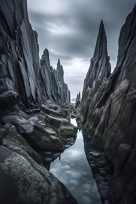 A rocky coastline with jagged cliffs extends into a calm, blue-green sea under a blue-gray, cloudy sky, ai generative stock photo Cloudy Sky Illustration, Rocky Island, Rocky Coastline, Sky Illustration, Sea Cliff, Stormy Sea, Sidewalk Chalk, Cloudy Sky, Green Sea