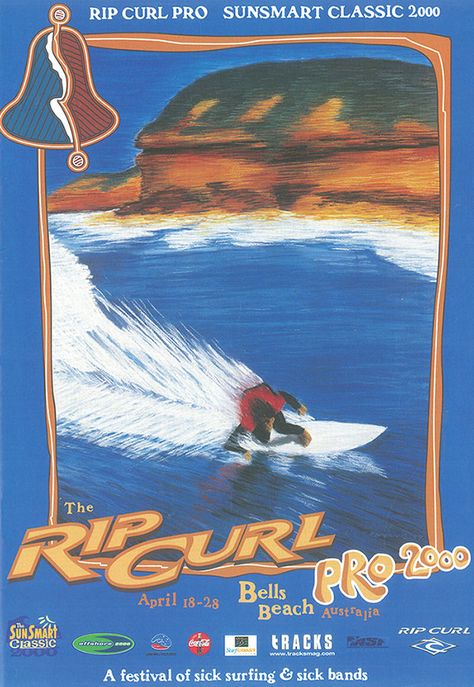 Rip Curl Pro 2000; Bells Beach, Australia Vintage Beach Posters, Surfing Competition, Deco Surf, Surfing Poster, Retro Surf Art, Posters Australia, Beach Wall Collage, Surf Aesthetic, Surfing Pictures