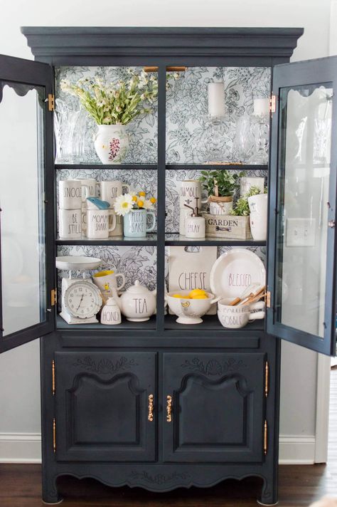 Chalk Paint China Cabinet Makeover with Wallpaper | A Hosting Home Chalk Paint China Cabinet, Paint China Cabinet, Wood China Cabinet, China Cabinet Decor, China Cabinet Redo, Wallpaper Cabinets, China Cabinet Makeover, Antique China Cabinets, Painted China Cabinets