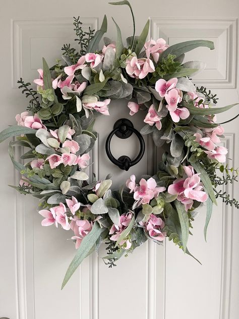 Cherry Blossom Wreath, Front Door Pink, Pastel Wreath, Spring Porch Decor, Lambs Ear Wreath, Pink Wreath, Pink Cherry Blossom, Spring Wreaths, Lambs Ear