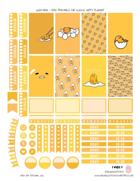 Gudetama - Free Planner Printable for Classic Happy Planner by Organized Potato | #printables #plannerprintables #gudetama #sanrio #kawaii #freeplannerprintables #mood #yellow #yellowaesthetic #happyplanner #erincondren #bujo #bulletjournalideas #bujoideas #plannerstickers #DIY Gudetama Sanrio, Crafts By Month, Penanda Buku, Free Printable Planner Stickers, Scrapbook Stickers Printable, Planner Printables Free, Free Planner, Bullet Journal Stickers, Bullet Journal Doodles