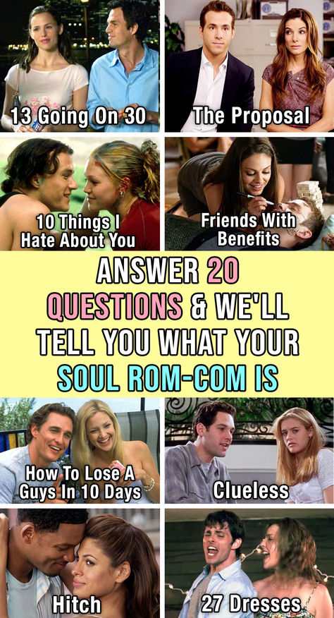 What is your soul Rom-Com? Movie Quiz Questions, Best Rom Coms, Rom Coms, 13 Going On 30, Movie Quiz, Fun Quizzes To Take, Quizzes For Fun, 20 Questions, Things To Do When Bored