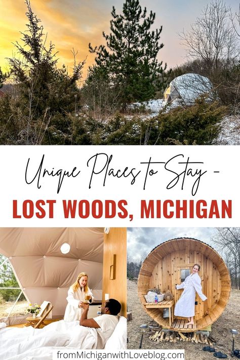 If you're looking for the best place to go glamping in Michigan, look no further than Lost Woods Farm in Boyne Falls. This Northern Michigan luxury retreat is located within 30 minutes drive to Boyne City, Petoskey, and Walloon Lake. Plus many of Northern Michigan's finest wineries are a short drive away! This is truly one of Michigan's top places to stay for couples looking for a unique and romantic getaway. Book one of the four tents or geo-dome! Ironwood Michigan, Boyne Mountain Resort, Munising Michigan, Walloon Lake, Romantic Resorts, Romantic Cabin, Go Glamping, Couples Vacation, Girls Getaway