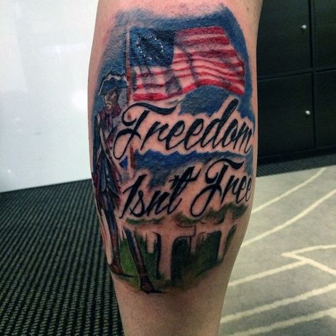 Freedom Isnt Free Patriotic Watercolor Mens Leg Calf Tattoos Flag Sleeve Tattoo, Patriotic Tattoos For Men, Patriotic Tattoo Ideas, Patriotic Watercolor, American Flag Sleeve Tattoo, Best Leg Tattoos, Patriotic Tattoos, Pride Design, Military Tattoos