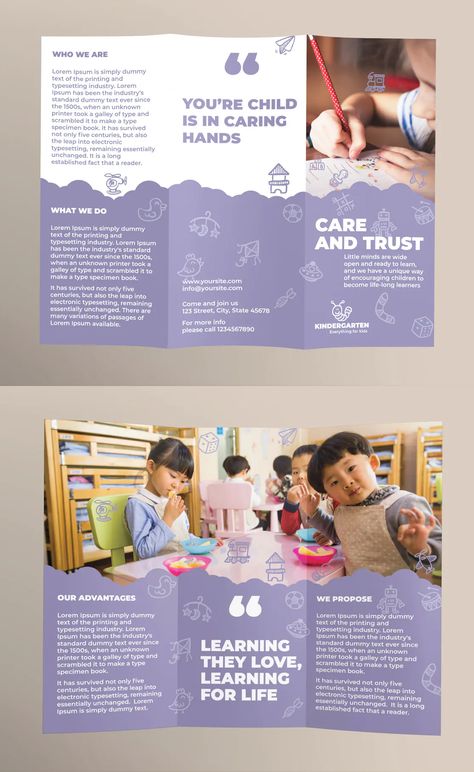 Kindergarten Brochure Trifold Template AI, EPS, INDD, PSD Flyer Design School, Cute Brochure Design, School Brochure Design Ideas, School Brochure Design Creative, Health Brochure Design, School Pamphlet Design, Brochure Design Layout Templates, Kindergarten Brochure, Preschool Brochure