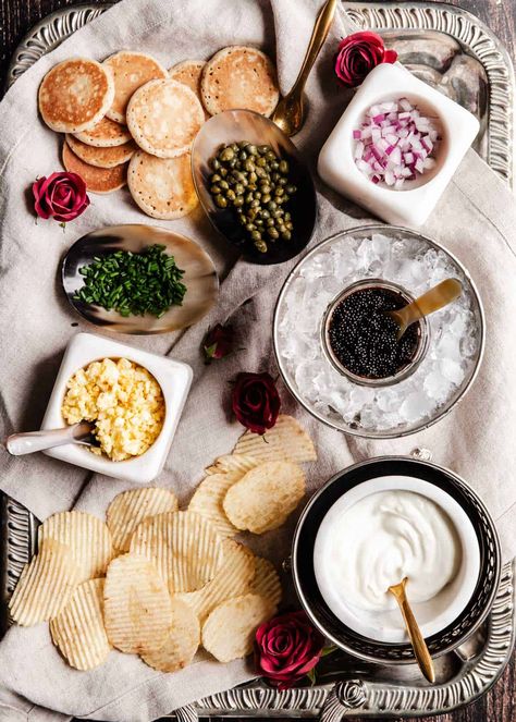 How To Serve Caviar Appetizers - Celebrations at Home Nye Platters, Nye Appetizers New Years Eve, Nye Dinner Party Food, Appetizer Set Up Ideas, New Year’s Eve House Party, New Year’s Eve Dinner, Fancy New Years Eve Party, New Years Eve Party Activities, Upscale Appetizers