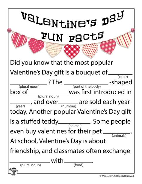 Valentines Day Fun Facts Printable Mad Lib Valentine Sleepover, Free Mad Libs, Valentine Worksheets, Thanksgiving Activities Preschool, February Activity, Valentines Games, Thanksgiving Preschool, Mad Libs, Valentine Party