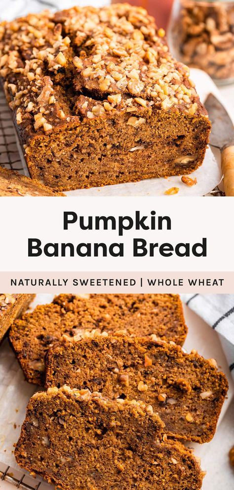 This pumpkin banana bread is naturally sweetened and made with whole wheat flour, ripe bananas, pumpkin puree and warm fall spices. It's tender, moist and easy to make! Pumpkin Banana Bread Recipe, Pumpkin Banana Bread, Pumpkin Bread Easy, Flours Banana Bread, Pumpkin Spice Donut, Pumpkin Pie Smoothie, Homemade Pumpkin Puree, Pumpkin Banana, Vegan Banana Bread