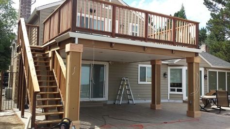 Deck Over Carport, Upper Deck Ideas Second Story, Deck Over Garage, Deck With Stairs, Deck Styles, Capira, Second Story Deck, Deck Remodel, Patio Deck Designs