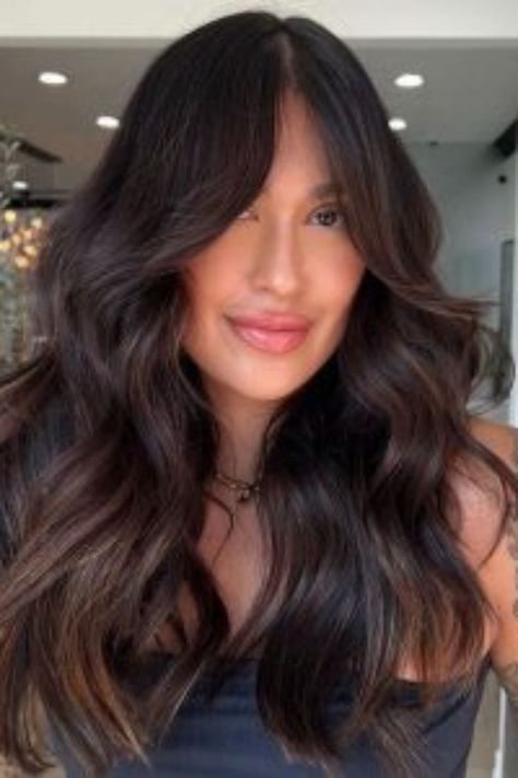 Rich Dimensional Brunette With Curtain Bangs Brunette With Curtain Bangs, Brunette Balayage Hair With Bangs, Balayage Hair With Bangs, Girl Brunette Hair, Dimensional Brunette Hair, Natural Brunette Hair, Brunette Tones, Natural Brunette, Dimensional Brunette