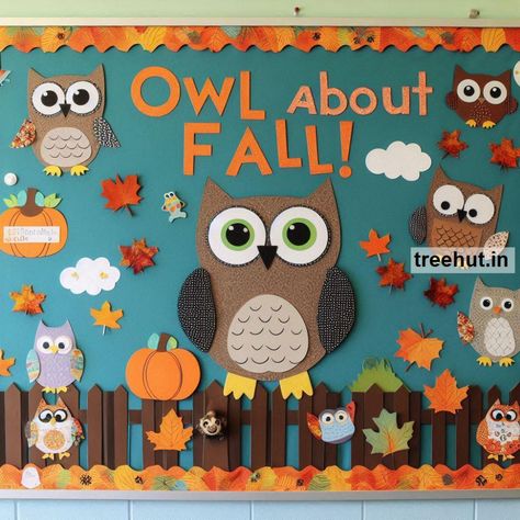 Fall Owl Bulletin Board Ideas and Fall Owl Classroom Activities for Elementary School | October Bulletin Board Ideas | Owl Preschool Bulletin Board, Oct Bulletin Board Ideas, Fall Themed Classroom Bulletin Boards, Fall Owl Bulletin Board Ideas, October School Door Ideas, Autumn Decoration For Kindergarten, Fall School Bulletin Board Ideas, November School Door, Fall Art Bulletin Board Ideas