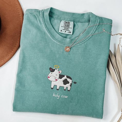 Chilling At Home, Cow Tshirt, Cottage Farm, Taking A Walk, Comfort Colors Tshirt, Cow Shirt, Cute Cow, Animal Embroidery, Holy Cow