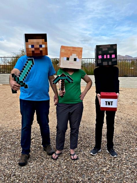 Alex And Steve Minecraft Costume, Minecraft Family Costume, Video Game Costume Ideas, Minecraft Costume Diy, Diy Minecraft Costume, Cardboard Box Costume, Minecraft Halloween Costume, Minecraft Mask, Steve Costume