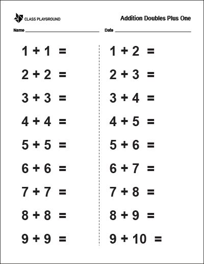 Printable Addition Doubles Plus One Worksheet - Class Playground Doubles Worksheet 2nd Grade, Doubles Plus One Worksheet, Doubles Addition Worksheet, Doubles Plus 1, Doubles Worksheet, Doubles Plus One, Teaching Subtraction, Number Words Worksheets, First Grade Math Worksheets