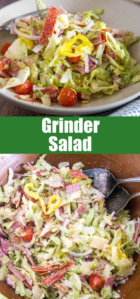 This grinder salad is packed with the flavors of an Italian sub sandwich! With crisp lettuce, deli meat, and cheese tossed in tangy dressing. Sub Sandwich Salad Recipe, Saddle Salad, Meat Salads Cold, Italian Meat Salad, Salad With Meat Recipes, Sub Sandwich In A Bowl, Tik Tok Italian Grinder, Grinders Salad, Italian Lettuce Salad Recipes