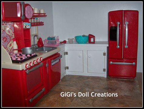 Dennis made a custom kitchen cabinet to fit in between the kitchen set I purchased from Target - Our Generation doll brand.  Our granddaughters love it. Screamed for joy when they seen this.  This kit Ag Doll House, American Girl House, American Girl Dollhouse, Doll Kitchen, Dolls Ideas, American Girl Doll House, American Girl Diy, Girls Dollhouse, American Girl Doll Furniture