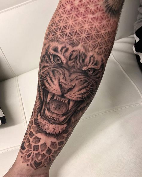 Geometric Tiger Tattoo, Geometric Tattoo Stencil, Calf Tattoo Ideas, Stippling Tattoo, Geometric Tattoo Sleeve Designs, Animal Sleeve Tattoo, Geometric Mandala Tattoo, Geometric Sleeve Tattoo, Lion Tattoo Sleeves