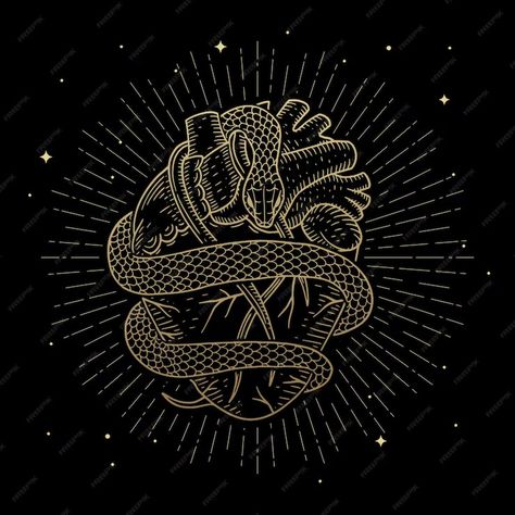 Premium Vector | The heart wrapped by the golden magical snake Snake Wrapped Around Heart, Snake Logo, The Golden, Premium Vector, Graphic Resources, Tattoos