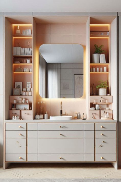 Declutter your bathroom with this sleek wall-mounted vanity. Hidden compartments keep your essentials out of sight. #WallMountedVanity #CleverStorage Wall Indent, Mounted Vanity, Hidden Compartments, Secret Storage, Vanity Ideas, Wall Mounted Vanity, Clever Storage, Hidden Treasures, Bedroom Inspo