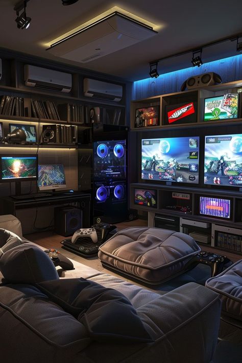 22 Game Room Ideas - Remodr Chill Game Room Ideas, Lounge Game Room Ideas, Chill Gaming Room, Teen Game Room Ideas, Game Room In Basement, Modern Game Room Ideas, Aesthetic Game Room, Modern Gaming Room, Small Game Room Ideas