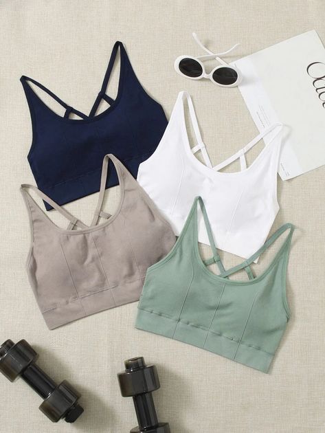 Yoga Basic 4pcs Medium Support Seamless Criss Cross Sports Bra | SHEIN EUR Sports Flatlay, Aesthetic Bras, Criss Cross Bra, Fall Sports, Sports Bra Set, Sports Wear Women, Basic Yoga, Medium Support Sports Bra, Workout Fits