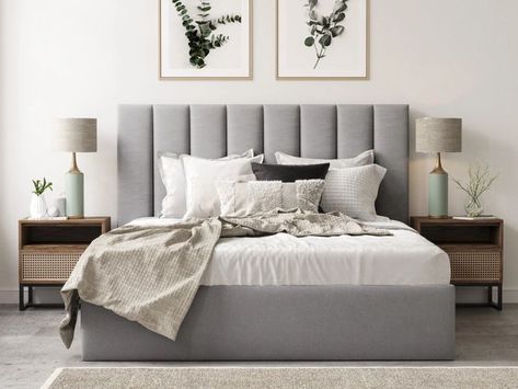 Bed Frame Grey, Lift Storage Bed, Simple Bed Designs, Storage Bed Frame, Leather Bed Frame, Grey Bed, Grey Bed Frame, Fabric Bed Frame, Bed Frame Design