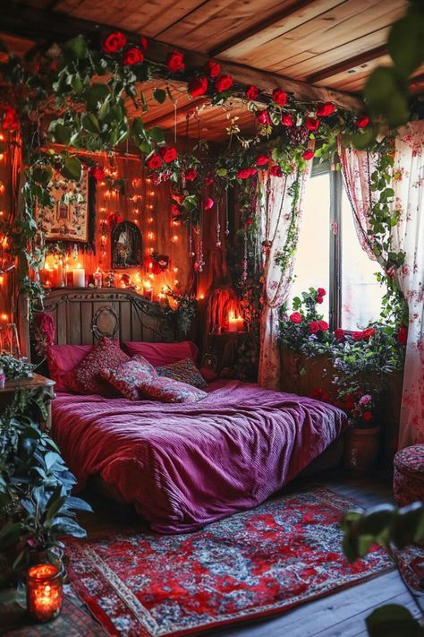 Red Boho Bedroom Ideas, Romantic Bohemian Bedroom, Cozy Red Bedroom, Tall Ceilings Bedroom, Arabian Nights Bedroom, Whimsigoth Pink, Whimsical Bedroom Adult, Blanket Ceiling, Red Rose Garland