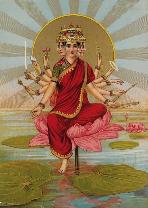 Gayatri Mata, Ravi Varma, Indian Traditional Paintings, Gayatri Devi, Ashmolean Museum, Indian Painting, Hinduism Art, Vedic Art, Om Namah Shivaya