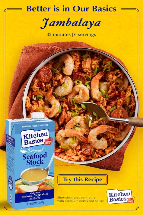 Quality meals start with quality basics. Our all-natural Kitchen Basics® Seafood Stock is slow simmered for hours with premium herbs and spices – bringing out more flavor in any recipe. Like jambalaya, soups, and risottos. Pick up some of our quality, delicious stock and try this recipe today.​ †Contains 440mg sodium per serving. The leading regular chicken broth contains 860mg sodium per serving​ Creole Jambalaya, Seafood Ideas, Andrew Miller, Seafood Stock, Prep Meals, Kitchen Basics, Cajun Creole Recipes, Quality Basics, Green Meals