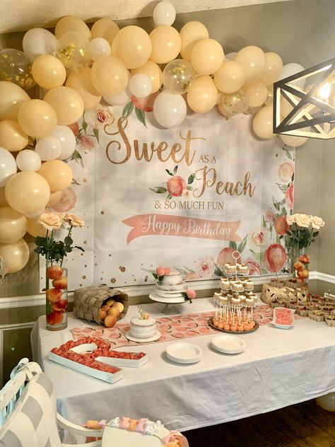 Peach first birthday party One Sweet Peach Dessert Table, Peach 1st Birthday Party, One Sweet Peach Birthday Party Food, One Sweet Peach Birthday Balloons, One Sweet Peach Birthday Party, One Sweet Peach Birthday, Sweet As A Peach First Birthday Cookies, One Sweet Peach Birthday Invitations, Sweet As A Peach First Birthday Decor