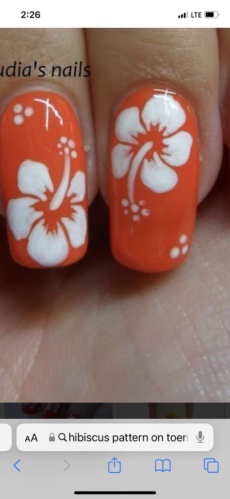 Hibiscus Toenail Designs, Hawaii Nails Orange, Hawaiian Flower Nail Designs, Hawaii Flower Nails Hibiscus, Hawaiian Nails Designs Simple, Hawaii Nail Designs Hawaiian Flowers, Frangipani Nail Art, Almond Nails With Hibiscus Flower, Hibiscus Flower Nails Simple