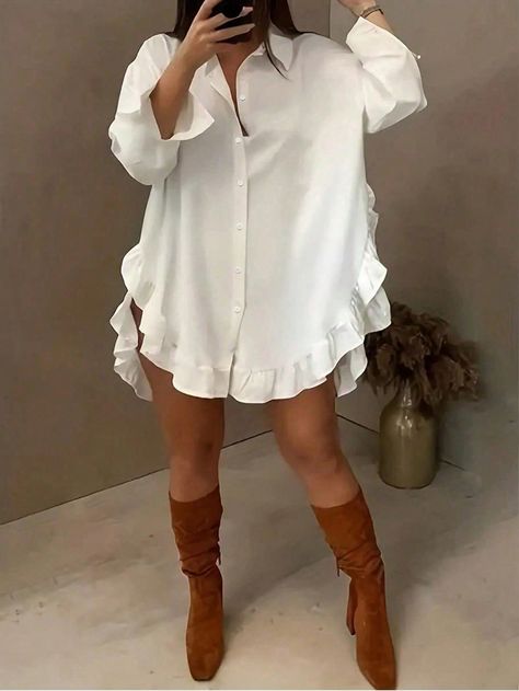 White Shirt Outfit Plus Size, Shirt Outfit Plus Size, White Shirt Outfit, White Shirt Outfits, Outfit Plus Size, Casual Wear Dress, Plain Shirt, Solid Color Shirt, Plain Shirts