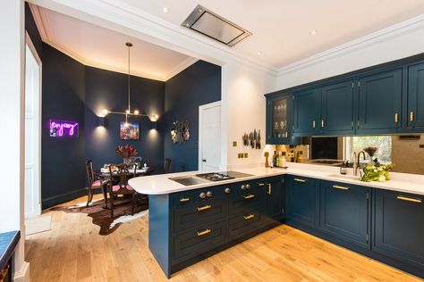 Georgian Townhouse, Edinburgh - Lally Walford Interiors : Lally Walford Interiors Blue Kitchen Mood Board, Dark Teal Kitchen Cabinets, Peacock Cabinets, Dark Teal Kitchen, Hague Blue Kitchen, Teal Kitchen Cabinets, Blue Shaker Kitchen, Georgian Kitchen, Latest Kitchen Trends