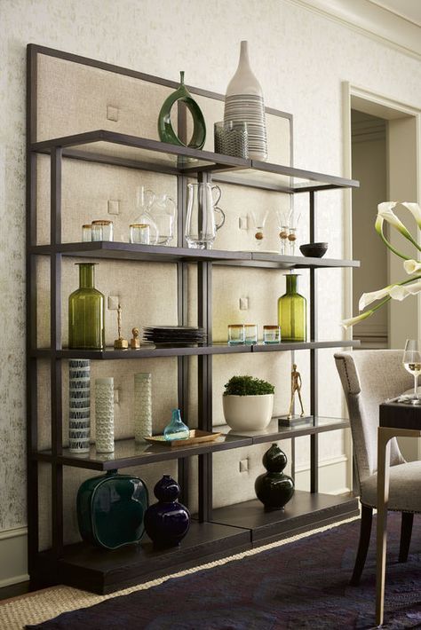 Another very important aspect when it comes to styling an etagere is being sure you select pieces with varying design characteristics, mainly when it comes to size and scale. If every decorative piece displayed on your etagere is similar to one another, the result will be drab and boring! Instead, opt for pieces with varying heights, like a large and small candle set. Keeping size and scale in mind will help to create movement and a visual path for the eye to follow. Glass Etagere, Rustic Closet, Wine Glass Shelf, Glass Shelves In Bathroom, Glass Shelves Kitchen, Floating Glass Shelves, Tempered Glass Shelves, Etagere Bookcase, Cocoa Brown