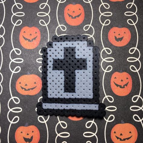 Cute tombstone pin made out of mini perler beads.... - Depop Halloween Perler Beads, Melty Bead Designs, Easy Perler Beads Ideas, Melty Beads, Perler Bead Templates, Cross Art, Perler Beads Designs, Fuse Beads, Tombstone