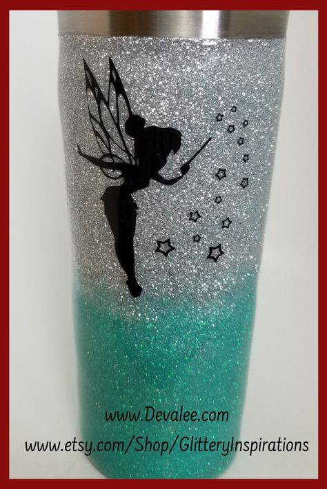 Customize your Tinker Bell Glitter Tumbler!  Great gift idea too!  This is a 24 oz, stainless steel, BPA Free and vacuum insulated tumbler. It comes with a straw and lid and can be used for both hot and cold drinks. It has 2 layers of glitter and 2 layers of sealer so nice and thick and smooth! Click image to grab yours from our website.  #GlitterTumbler #Tinkerbell #Customize #Gift ideas  Come join our Facebook Group to see as new tumblers are ready to ship.  www.facebook.com/groups/Devalee Glitter Things, Dollar Tree Cricut, Epoxy Cups, Disney Princess Tattoo, Last Minute Birthday Gifts, Artsy Gift, Resin Tumblers, Epoxy Tumblers, Glitter Tumbler Cups