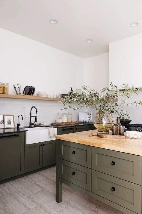 Earthy Two Tone Kitchen, Earthy Kitchen Design, Green Shaker Cabinets, Eclectic Organic, White Apron Sink, Butcherblock Countertops, Kitchen Island Black, Olive Kitchen, Kitchen Butcher Block