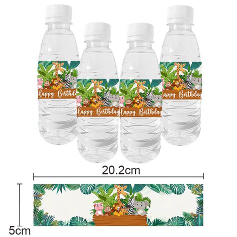 Forest Animal Birthday Party, Decoration Jungle, Baby Shower Jungle, Water Bottle Labels Baby Shower, Jungle Safari Party, Kids Birthday Party Decoration, Bottle Wrappers, Safari Birthday Party, Water Bottle Label