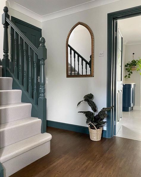 Lick | Because we know you love a statement woodwork... 😉 Decorating this way - adding colour to your skirting, door frames, bannisters and… | Instagram Dark Teal Paint, Vintage Staircase, Blue Painted Door, Hallway Paint Colors, Enchanting Places, Hallway Paint, Dark Doors, Painted Staircases, Decor Color Palette