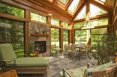 Like the tile on the floor and fire place...solarium room Room Addition Plans, 4 Season Room, Four Seasons Room, Sunroom Addition, Room Addition, Sunroom Designs, Lots Of Windows, Relaxation Room, Home Addition