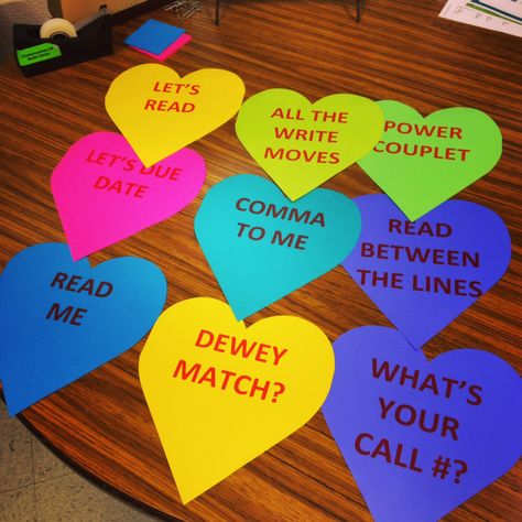 What better way to celebrate all things literary in the month of love and Valentine's Day than with library/literary related conversation hearts? We hope you'll stop by and enjoy our witty ... Library Conversation Hearts, Library Valentines Day Bulletin Boards, Valentines Day Library Displays, Library Valentines Display, Valentines Library Display, Crazy Library, Library Hacks, Valentines Display, Librarian Ideas