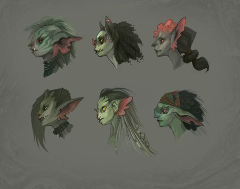 Goblin Head Concepts by UlaFish on DeviantArt Goblin Art, Dnd Ideas, Goblin King, Alien Design, Green Goblin, Fantasy Races, Arte Sketchbook, Wow Art, Fantasy Warrior